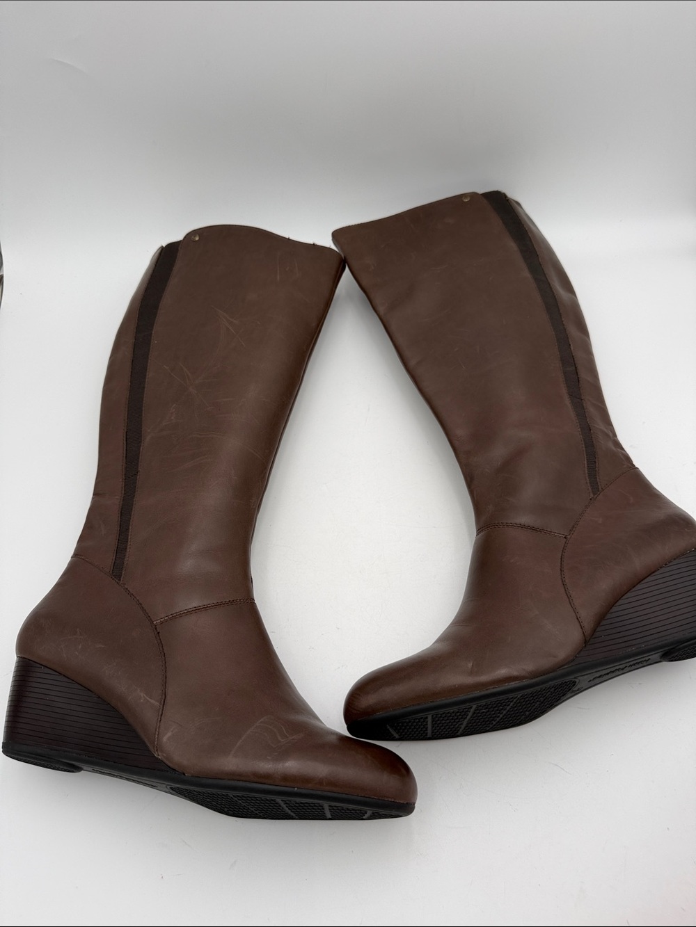 Hush puppies Classic Brown Leather tall riding Boots women 12 wedge waterproof